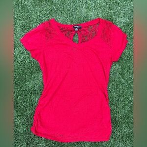Y2K Southpole Red Lace Accent Short Sleeve Burnout Ruched Top size M